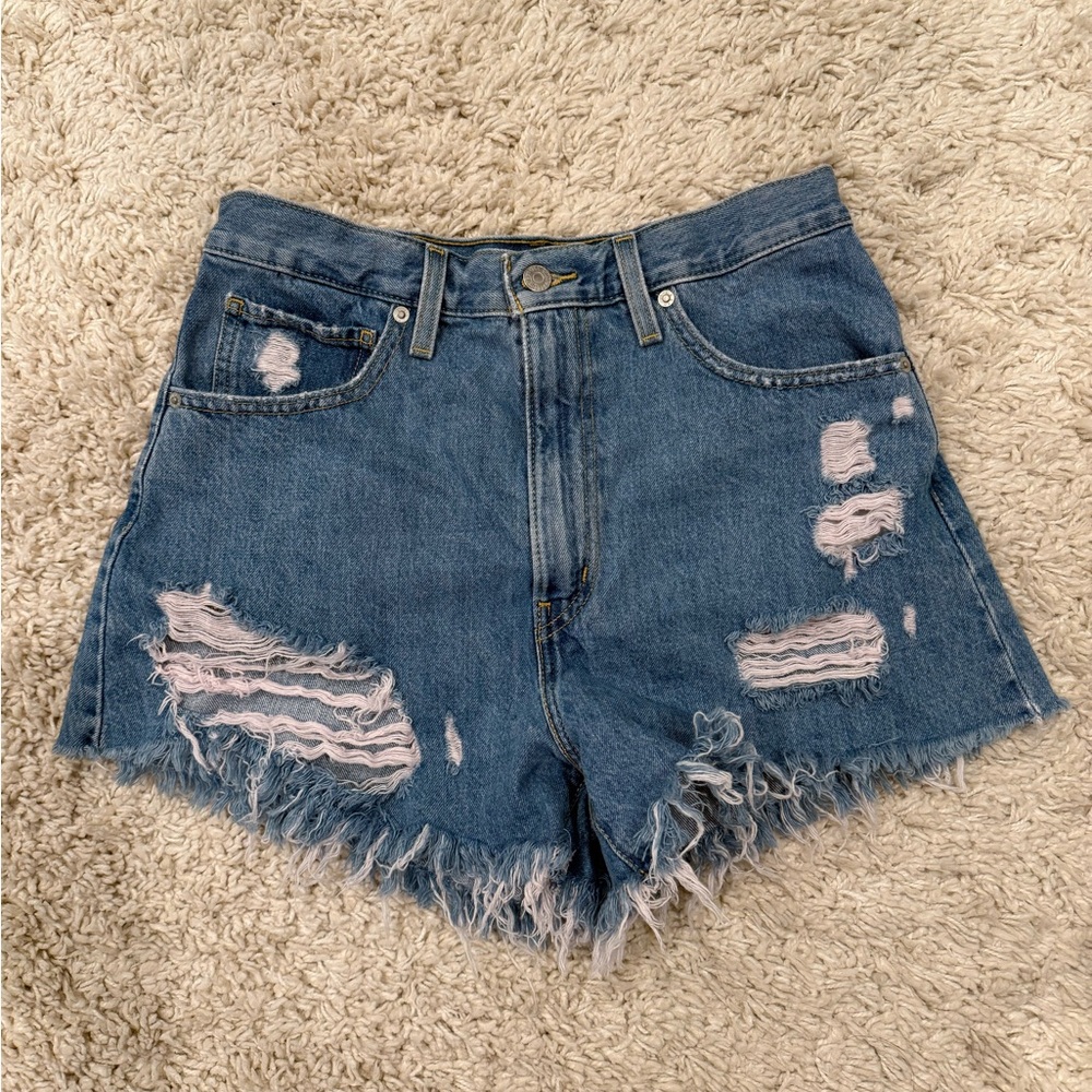 Levi's High Waisted Mom Shorts in Let It Be Fun Distressed Blue Jean Shorts